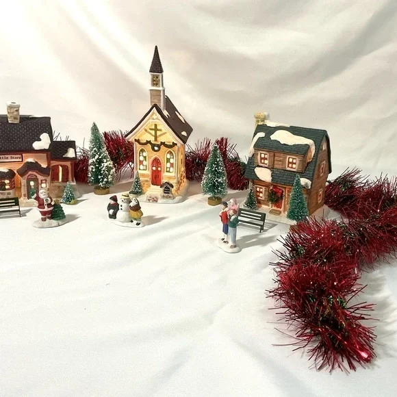Vintage Christmas Lighted church store and house town set holiday decor - Picture 4 of 11